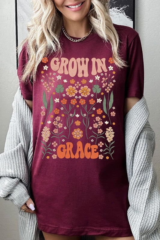 Grow In Grace Floral Christian Graphic T Shirts