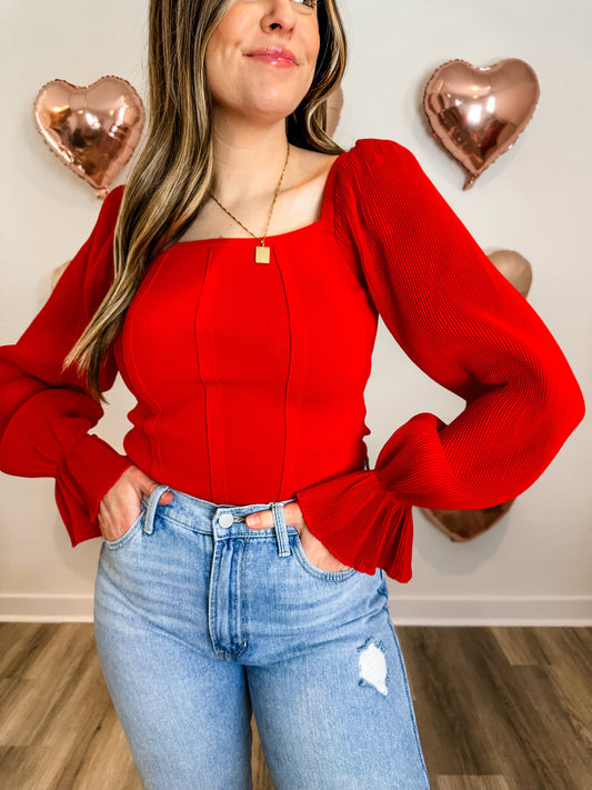 Square Neck Pleated Puff Long Sleeve Knit Top in Red