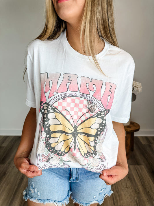 Mama Retro Butterfly Graphic Tee in White