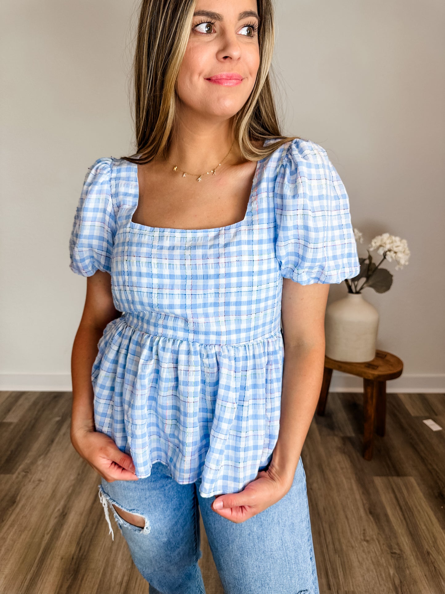 Blue Gingham Peplum Blouse with Bubble Sleeves