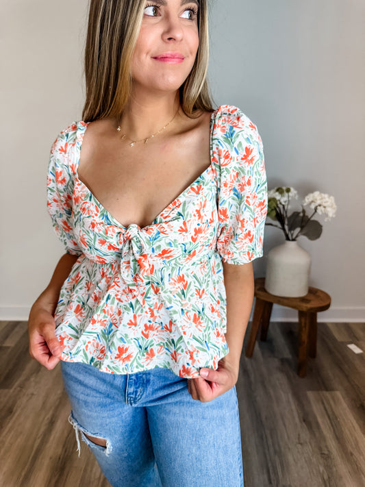 Floral Peplum Top with Puffy Sleeves
