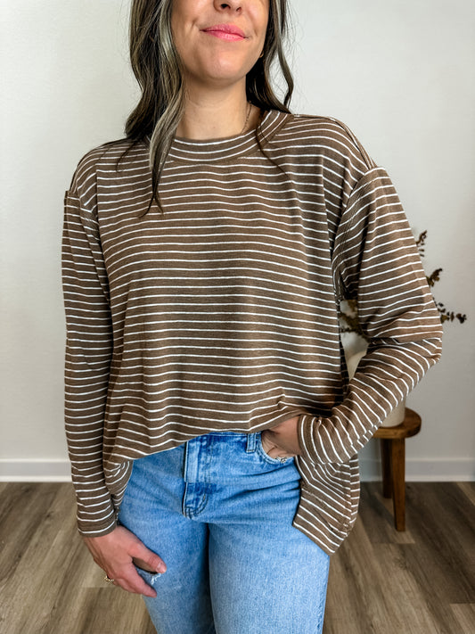 Crewneck Slouchy Striped Top in Latte