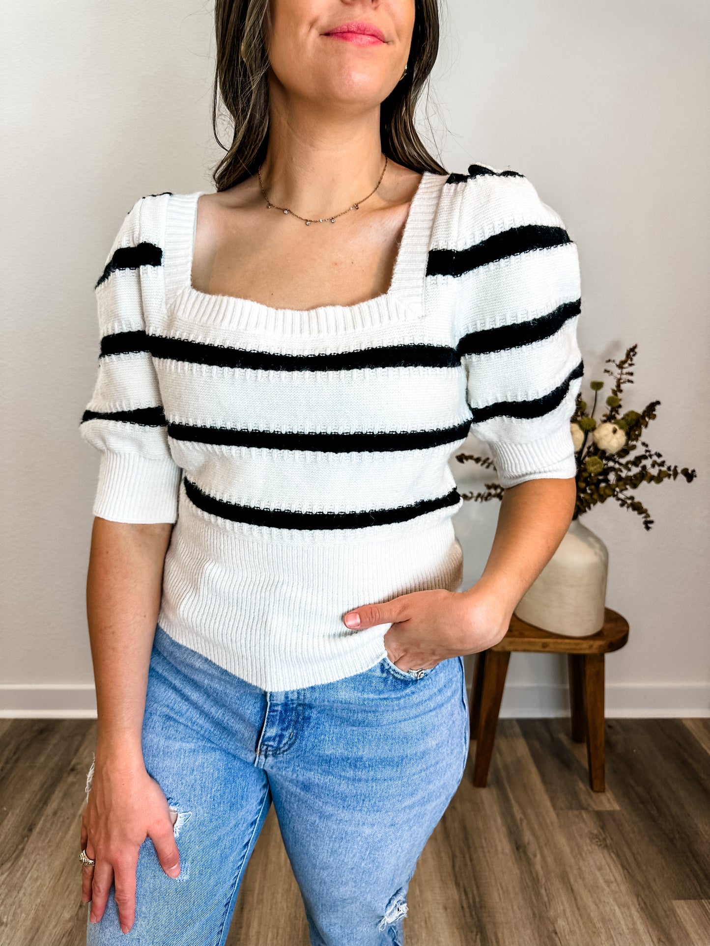 Striped Sweater Puff Sleeve Top