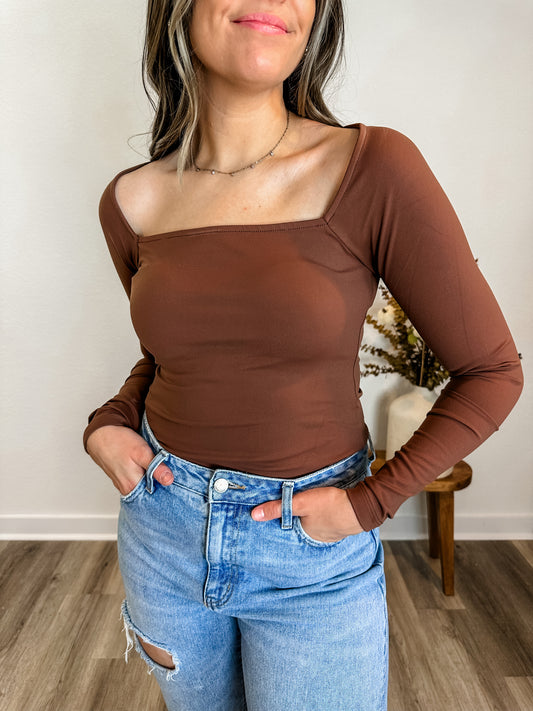 Lifted Fit Square Neck Long-Sleeve Bodysuit in Brown