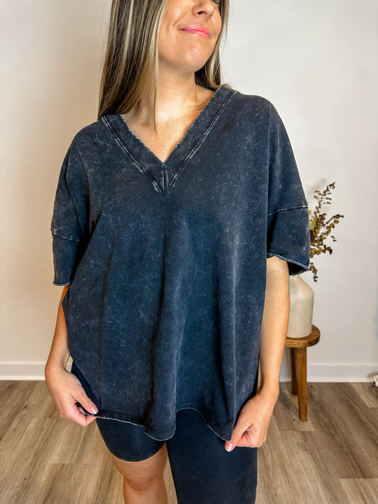 Mineral Wash Set with Oversized V-Neck Top and High Waisted Biker Shorts in Charcoal