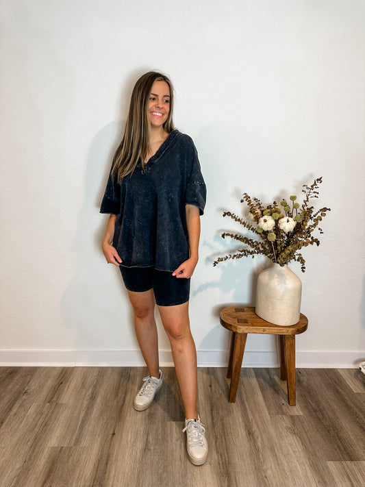 Mineral Wash Set with Oversized V-Neck Top and High Waisted Biker Shorts in Charcoal