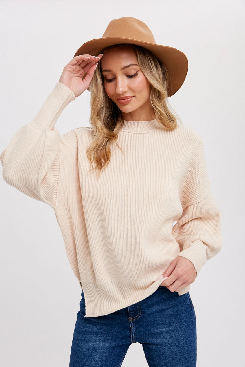 Ribbed Mock Neck Pullover Sweater in Cream