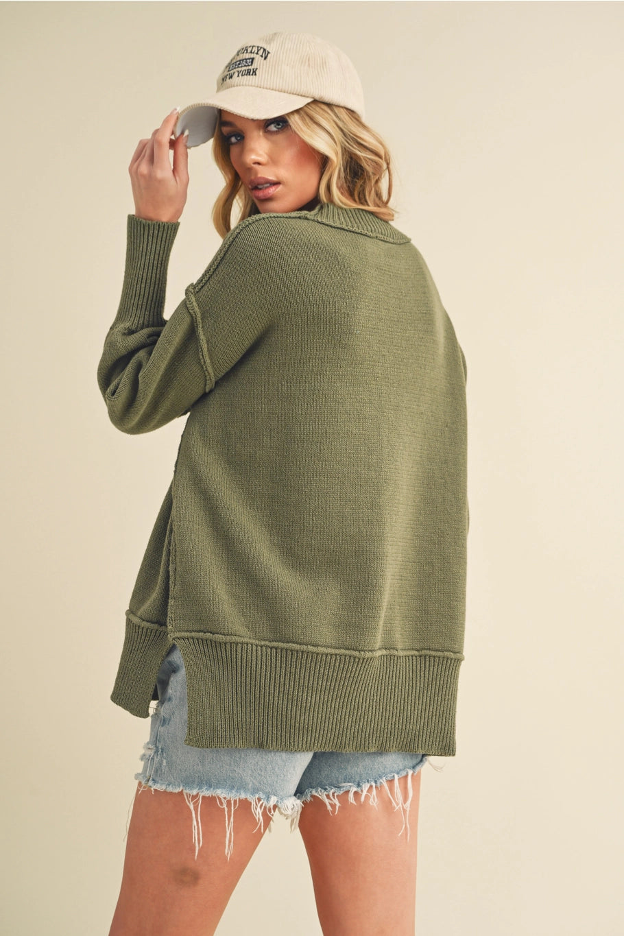 Ribbed Knit Sweater in Olive Green