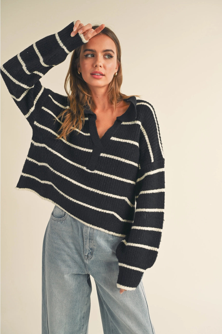 Striped Collar Sweater in Black/Ivory