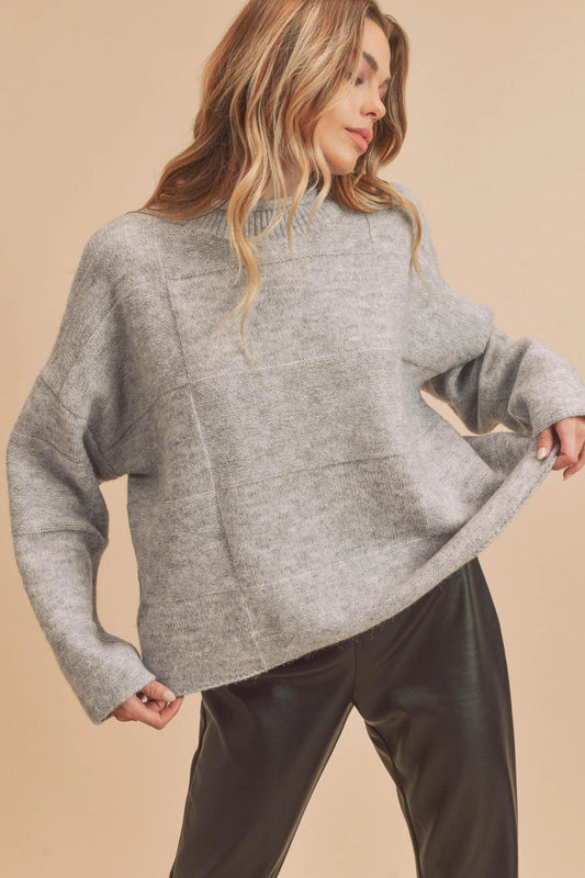 Checkered Pattern Mock Neck Sweater in Heather Grey
