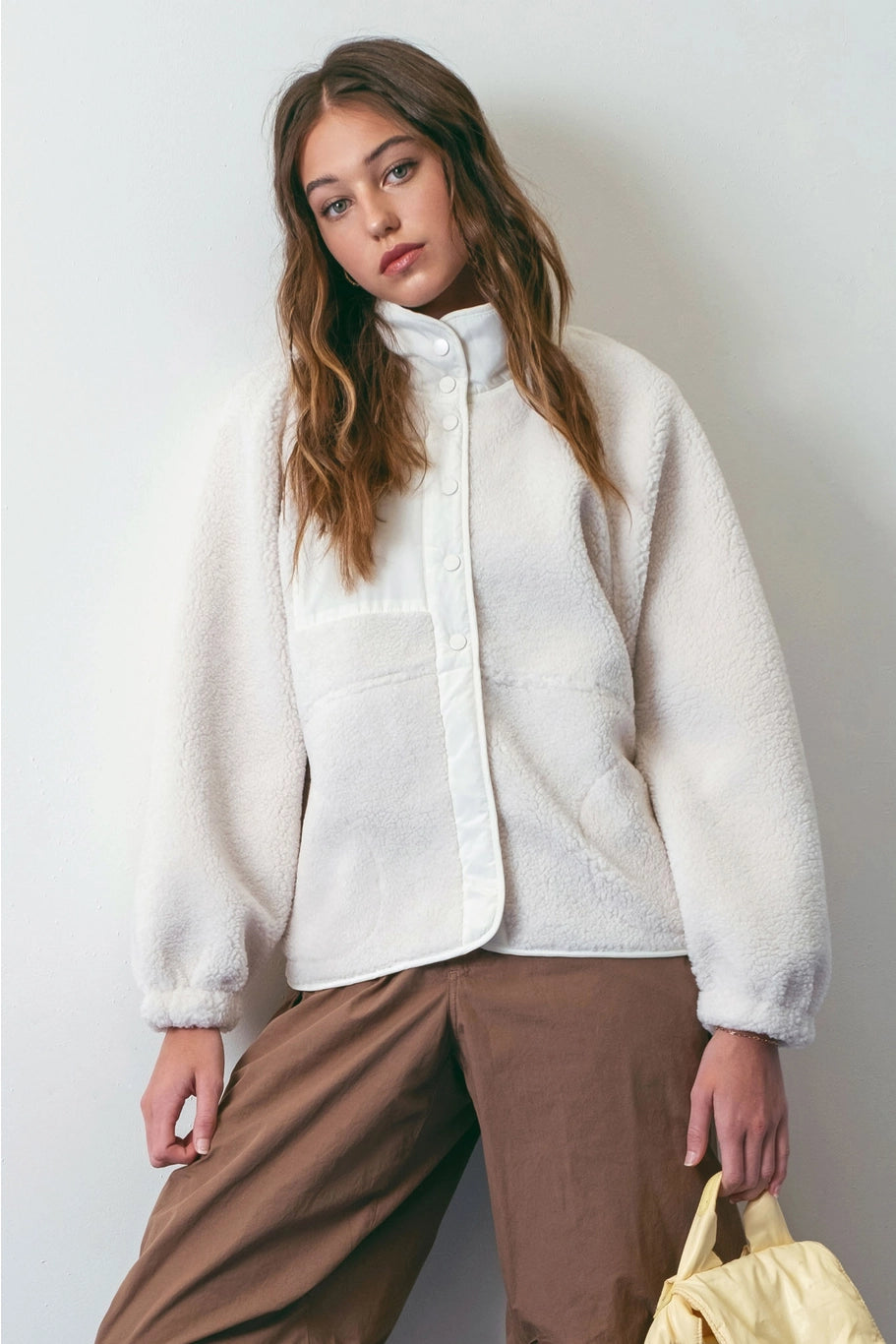 Solid Snap Button Fleece Jacket in Ivory