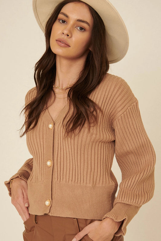 Ribbed Knit Cardigan Puff Sleeve Sweater