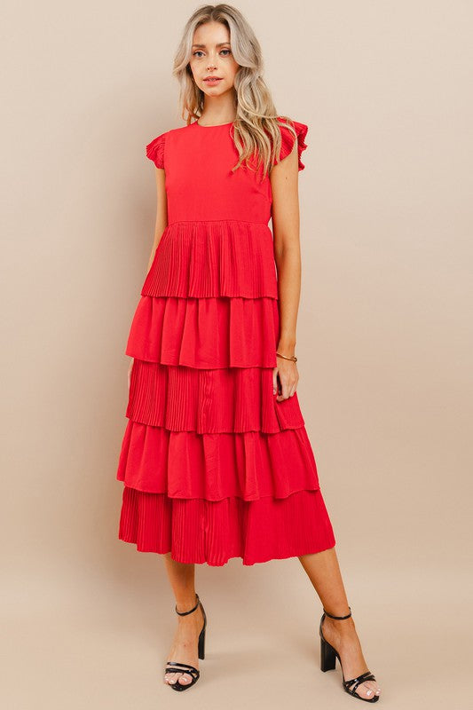 Tiered Pleated Midi Dress in Red
