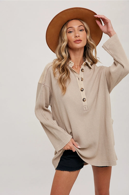 Thermal Henley Tunic Shirt in Latte