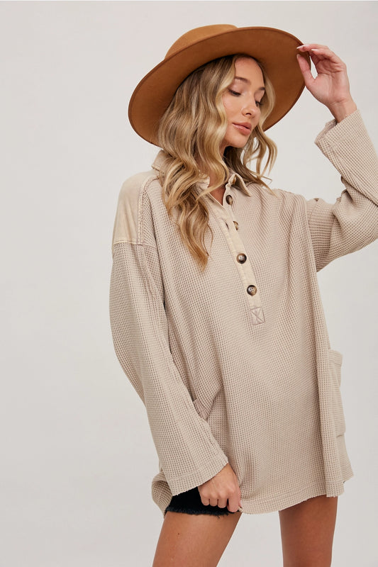 Thermal Henley Tunic Shirt in Latte