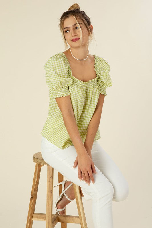 Smocked blouse with puff sleeve