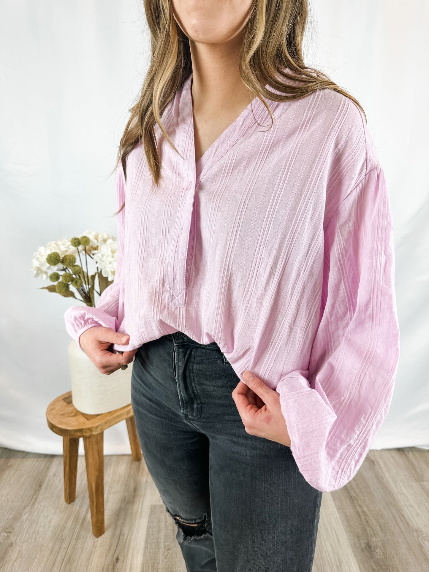 Pinstripe Button Front Top with Puff Sleeve