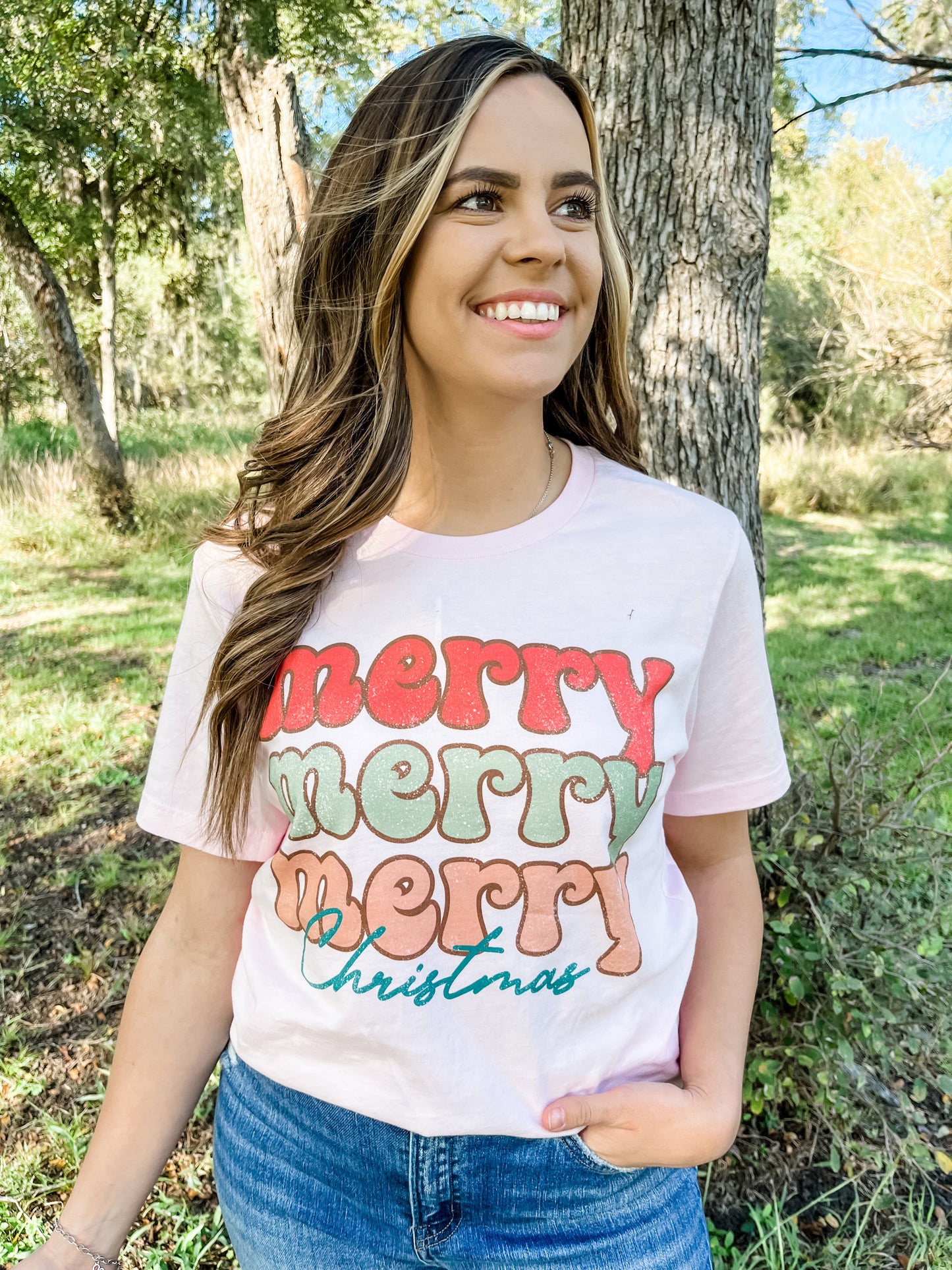 Merry Merry Merry Christmas Graphic Tee in Pink