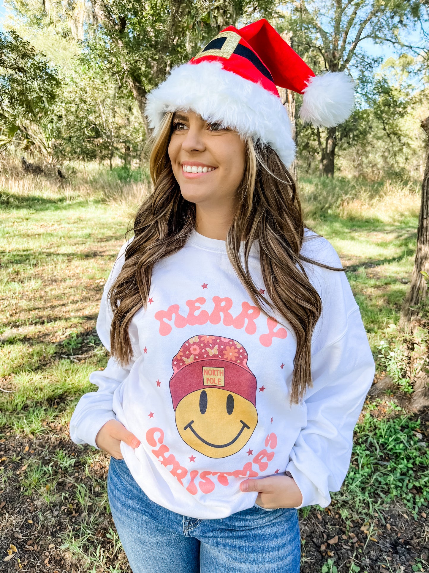 Merry Christmas Smiley Face Sweatshirt in White