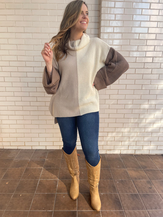 Chunky color block turtleneck sweater