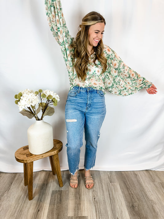 Floral Blouse with Flowy Cuffed Sleeves