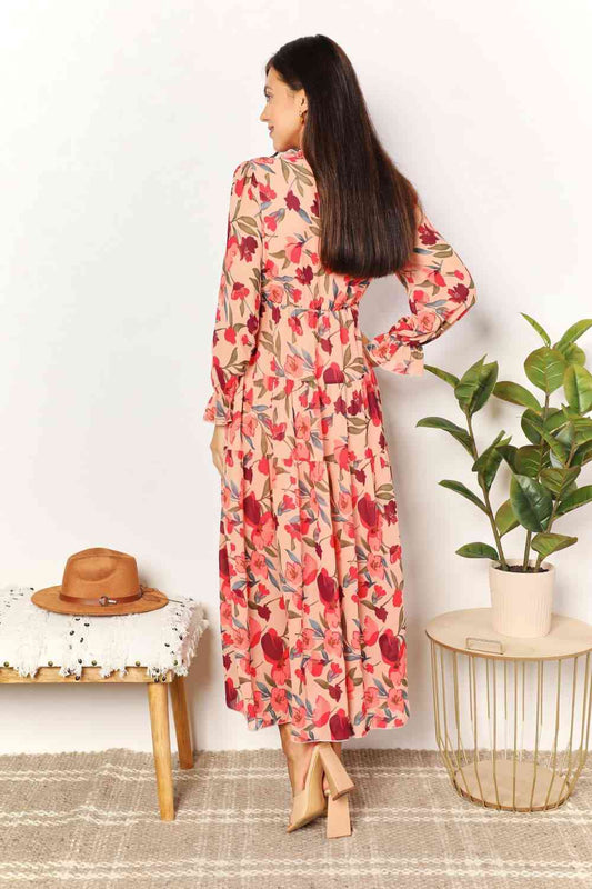 Floral Frill Trim Flounce Sleeve Plunge Maxi Dress